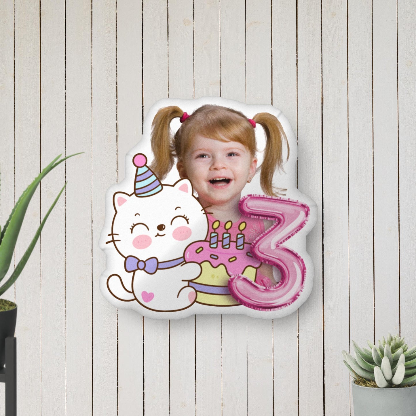 Customizable Birthday Age Pillow with Cute Cat and Pink Cake
